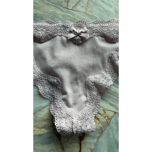 Shimmering Lace Thong Panty Pink Sparkle Bow Detail Women's Lingerie XS - Picture 2 of 7